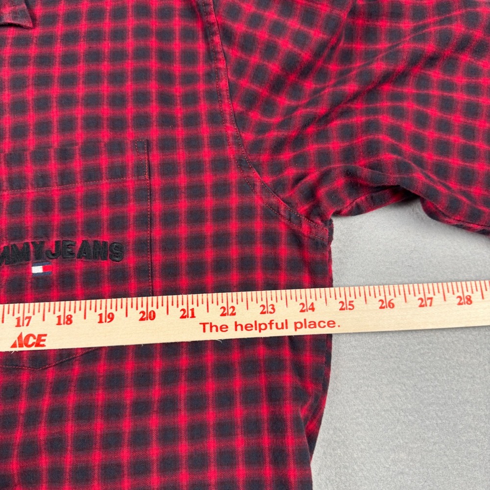 VTG Y2K Tommy Jeans Mens Red‎ Black Plaid Flannel Shirt Large 186795 7/01 Cotton - Picture 5 of 10